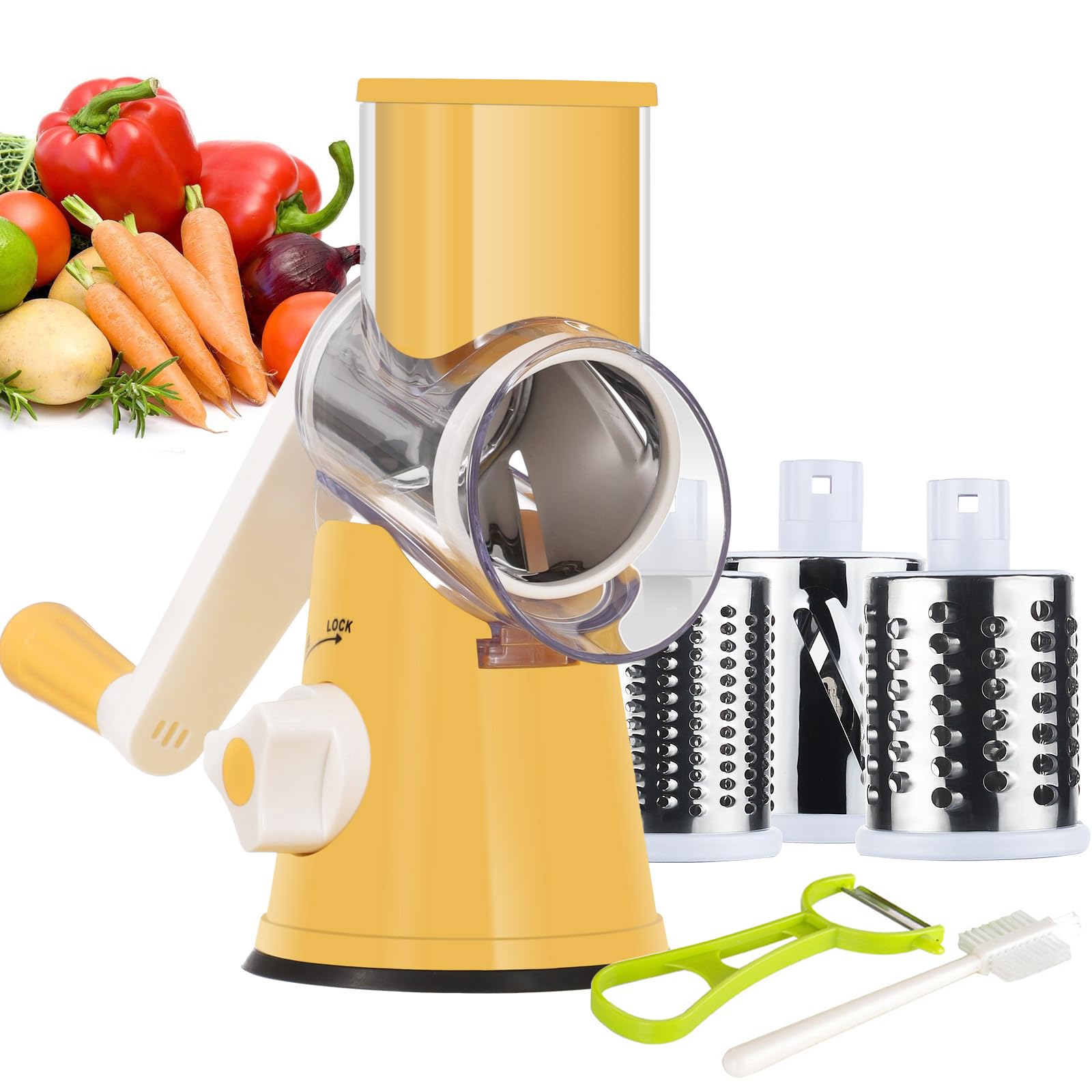 Photo 1 of Ourokhome Rotary Cheese Grater Hand Crank, Kitchen Shredder Speed Mandolin Slicer Nut Grinder with Handle and Drum Blades for Cheese, Vegetable, Walnut, Chocolate, Potato, Carrot, 3 Blades, Yellow