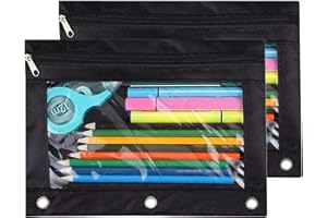 TOPWOOZU Pencil Pouch 3 Ring, Zipper Pencil Pouches Case Binder Cosmetic Bag Black 2 Pack