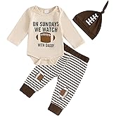 Muasaaluxi Newborn Baby Boy Football Outfit On Sundays We Watch Football with Daddy Romper Stripe Long Pants Hat Set