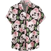 BIRW Halloween Shirt Men Fun Pumpkins Skull Short Sleeve Button Down Hawaiian Holiday Shirts