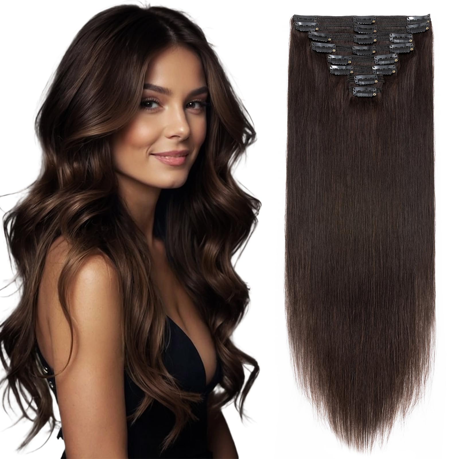 Elailite Real Hair Extensions Clip in Human Hair #2 Dark Brown Double Weft Remy Natural 8 Pieces Extension Thick Full Head Straight - 16 Inch (130 g)