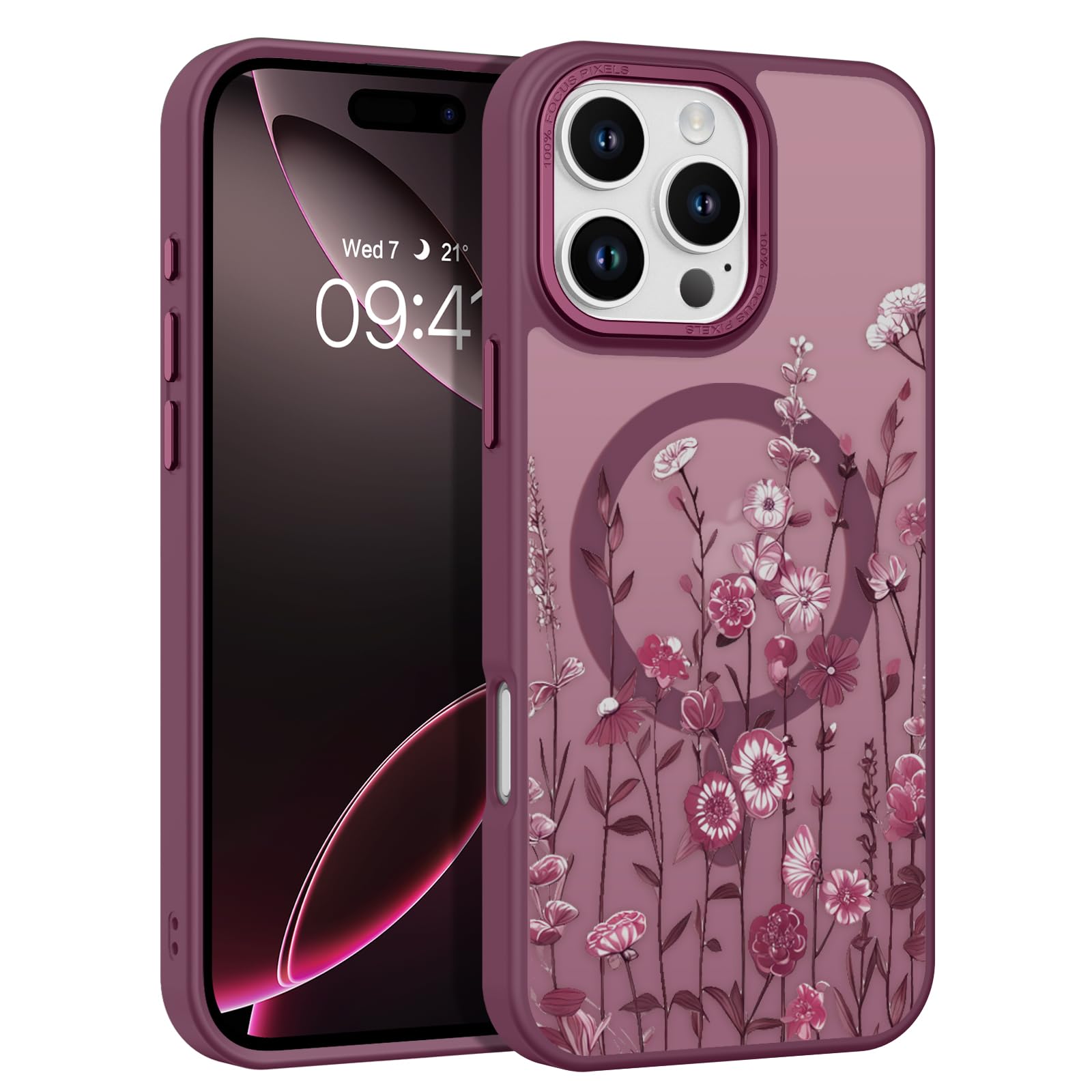 Photo 1 of DOMAVER for iPhone 16 Pro Max Case, Magnetic Phone Case iPhone 16 Pro Max [Compatible with MagSafe] Slim Fit Flowers Floral Design Shockproof Protective Bumper Women Men Girls Boys Cover- Wine Red