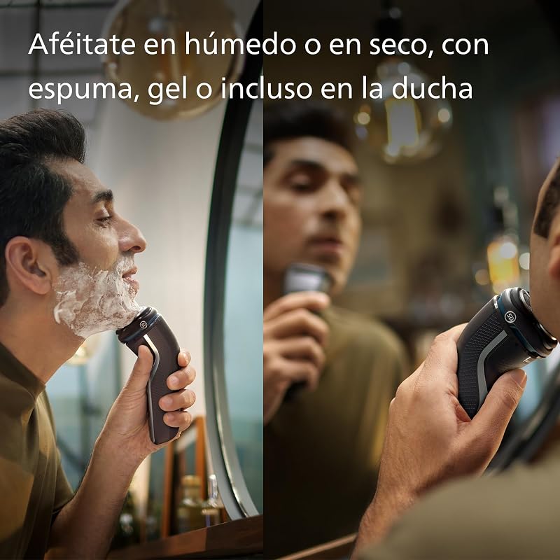 Serie 3000 Afeitadora Eléctrica Hombre, Máquina de Afeitar Barba con Cortapatillas, 27 cuchillas, Cuida la piel, 60min de uso, En Seco y Húmedo, Recargable, Funda, S3241/12, Gris