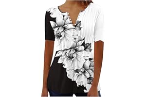 Womens Summer Tops Short Sleeve Henley Shirts Dressy Casual Blouse Cute Floral V Neck Tunic Tops Loose Fit Tshirts