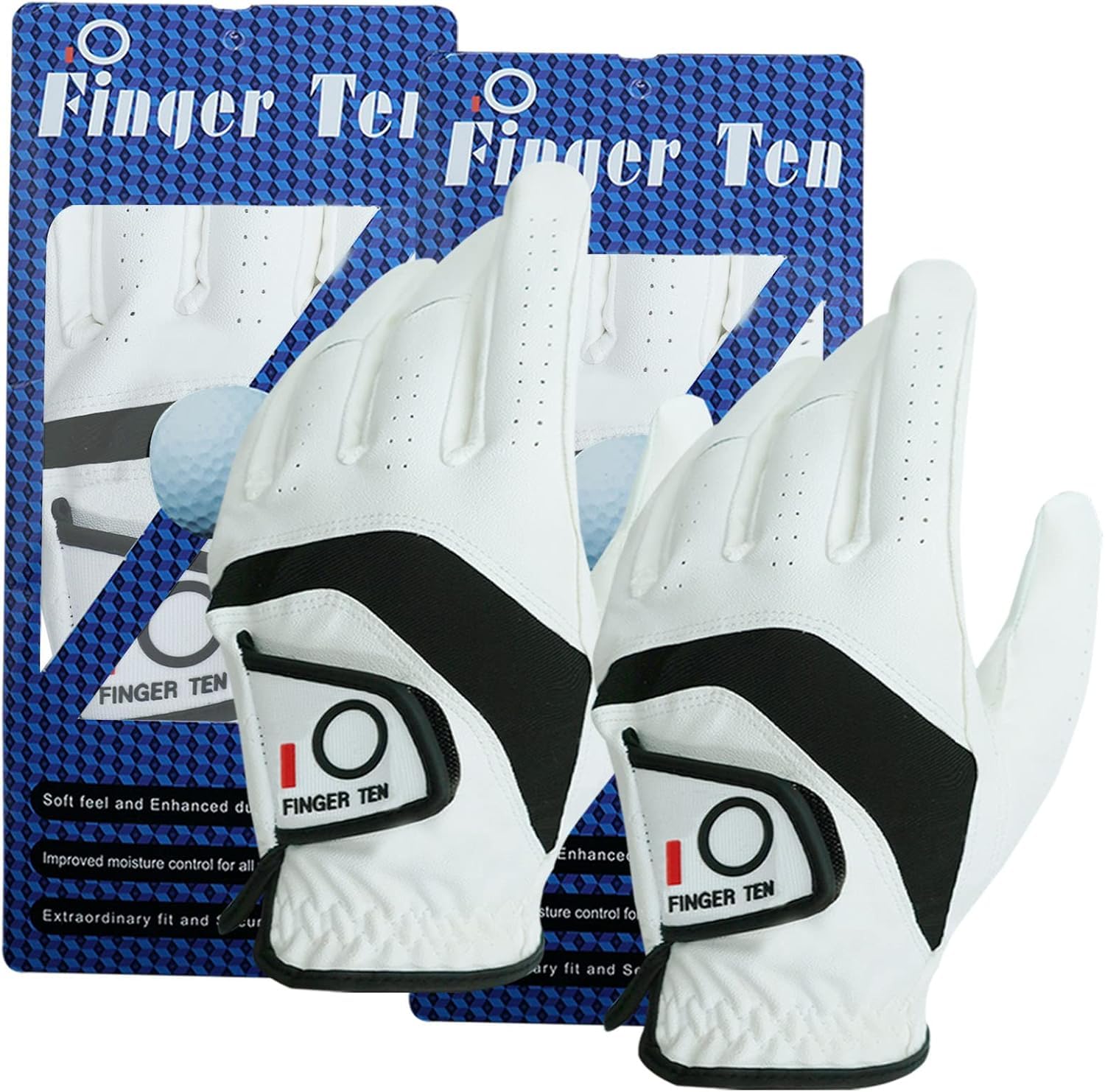 FINGER TEN Golf Gloves Men Right Handed Golfer Leather All Weather Grip Value 2 Pack, Mens Golf Glove Left Hand Soft Breathable Flexible for Golfers Size Small Medium ML Large XL (White, ML, Left)…
