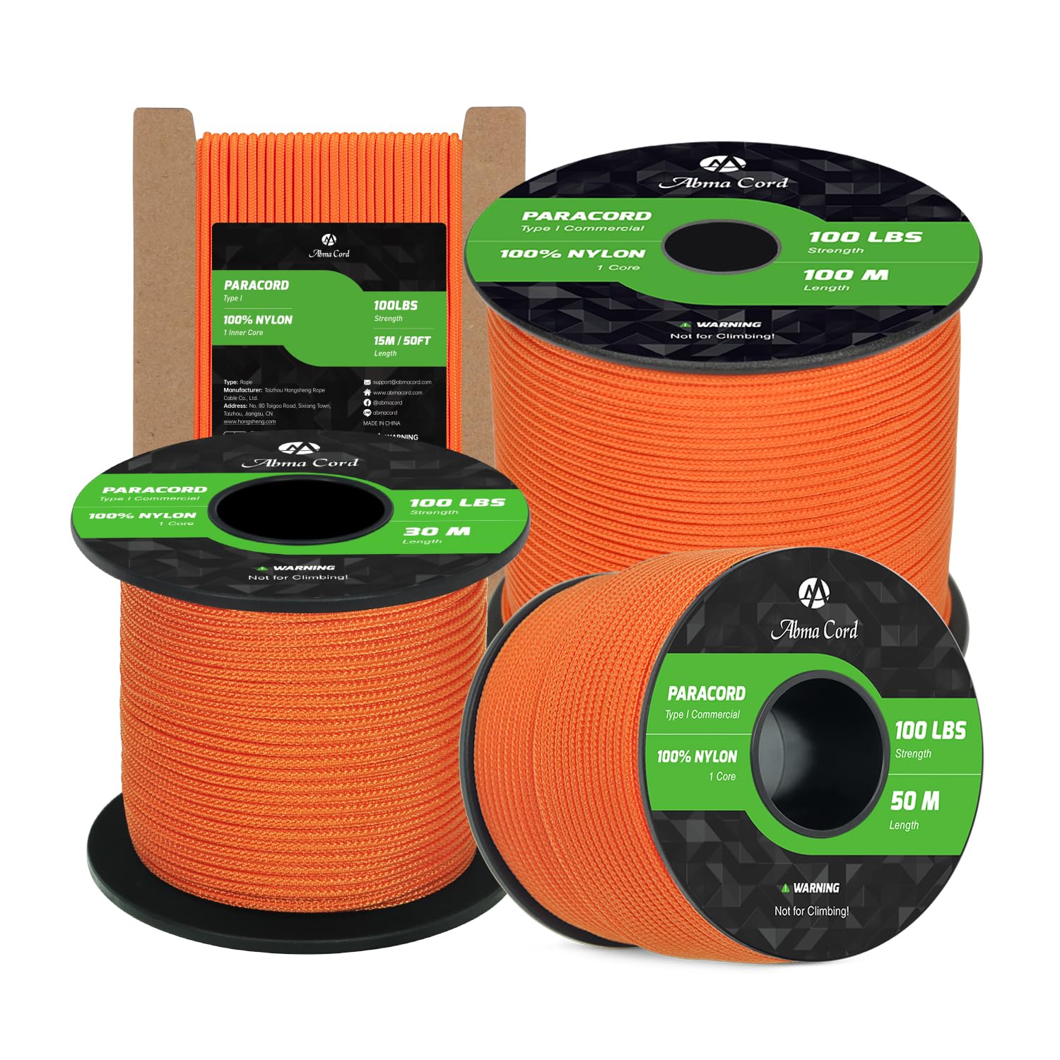 Abma Cord Paracord 2mm 50m 100% Nylon Rope 1 Strand Type I Parachute Cord - Max. 45kg (100lbs) - Orange