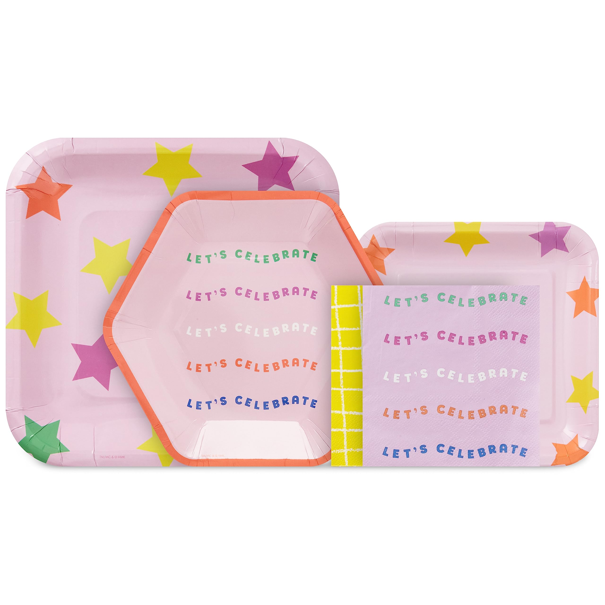 Hallmark Pink and Yellow Party Supplies (16 Square Dinner Plates, 8 Square Dessert Plates, 8 Hexagonal Dessert Plates, 32 Beverage Napkins) for Birthdays, Bridal Showers, Graduations