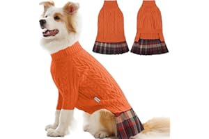 IECOii XL Dog Sweater Dress for Large Dogs Girl, Cable Knit Winter Dress for Female Dogs, Orange, XLarge, Soft Girl Dog Sweater with Tartan Plaid Skirt Cute Turtleneck Knitwear for Cold Weather