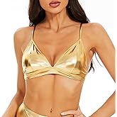 Vinaderhom Women's Metallic Crop Tops Shiny Bralette Rave Bra Bikini Swimsuit Top