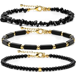 OXUNGALIZ 3Pcs Beaded Anklets for Women, Natural Stone Ankle Bracelets, Waterproof Adjustable Layered Anklet Set, Boho Beach