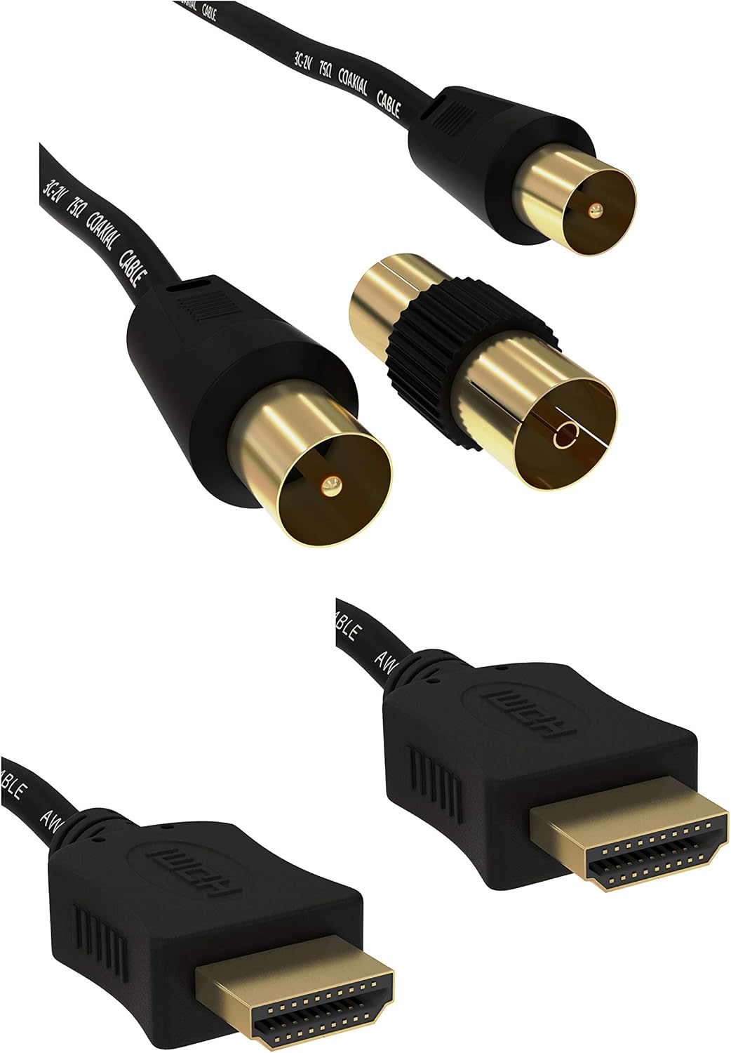 ConnectingU Black 2 Cable Kit (THIS IS NOT an HDMI to Coax convertor). 1x 0.5m HDMI Cable Male to Male with Ethernet bundled with a 1x 0.5m TV Aerial Cable Male to Male with Female to Female Coupler