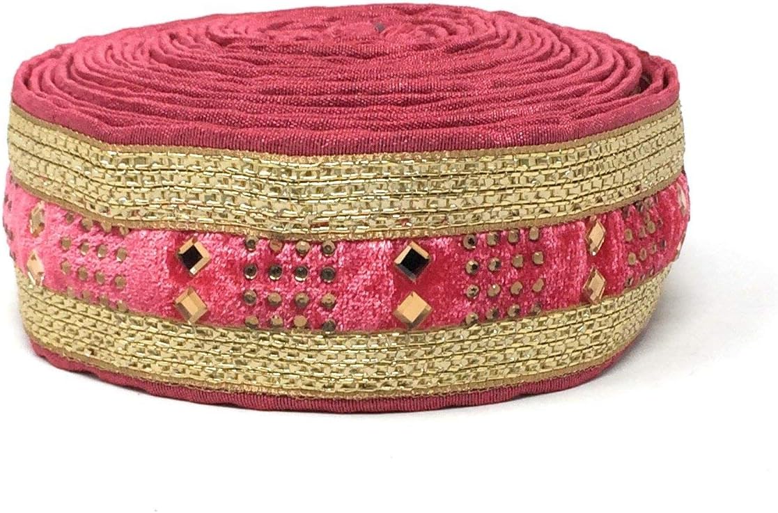 Inhika 9 Meters Lace and Border Material, Gold Beaded, Velvet Fabric (1.7 inches Wide, Pink)