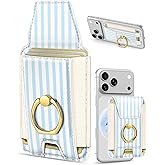 Shorogyt Compatible with Magsafe Wallet with Ring Grip Magnetic Card Holder - Cute Phone Wallets with Stand for iPhone 17/16/15/14/13/12 Series for Women Girls Blue White Design, Fit 7 Cards