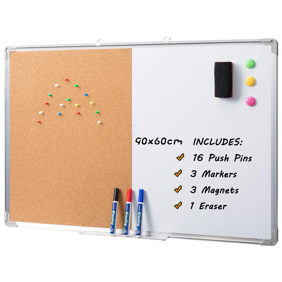 DOEWORKS Magnetic Whiteboard & Bulletin Board Set 90 x 60cm Combination Board, Wall Mounted Hanging Noticeboard, Dry Erase & Cork Board for Home Office School