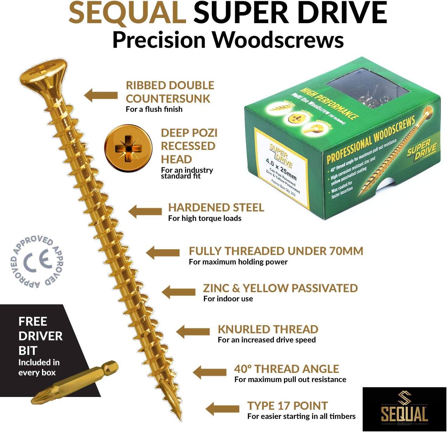 SEQUAL® Box of 50 High Performance Multi Use Wood Screws Super Drive Professional and Home Use with Free Bit (6 x 150mm) - Image 3