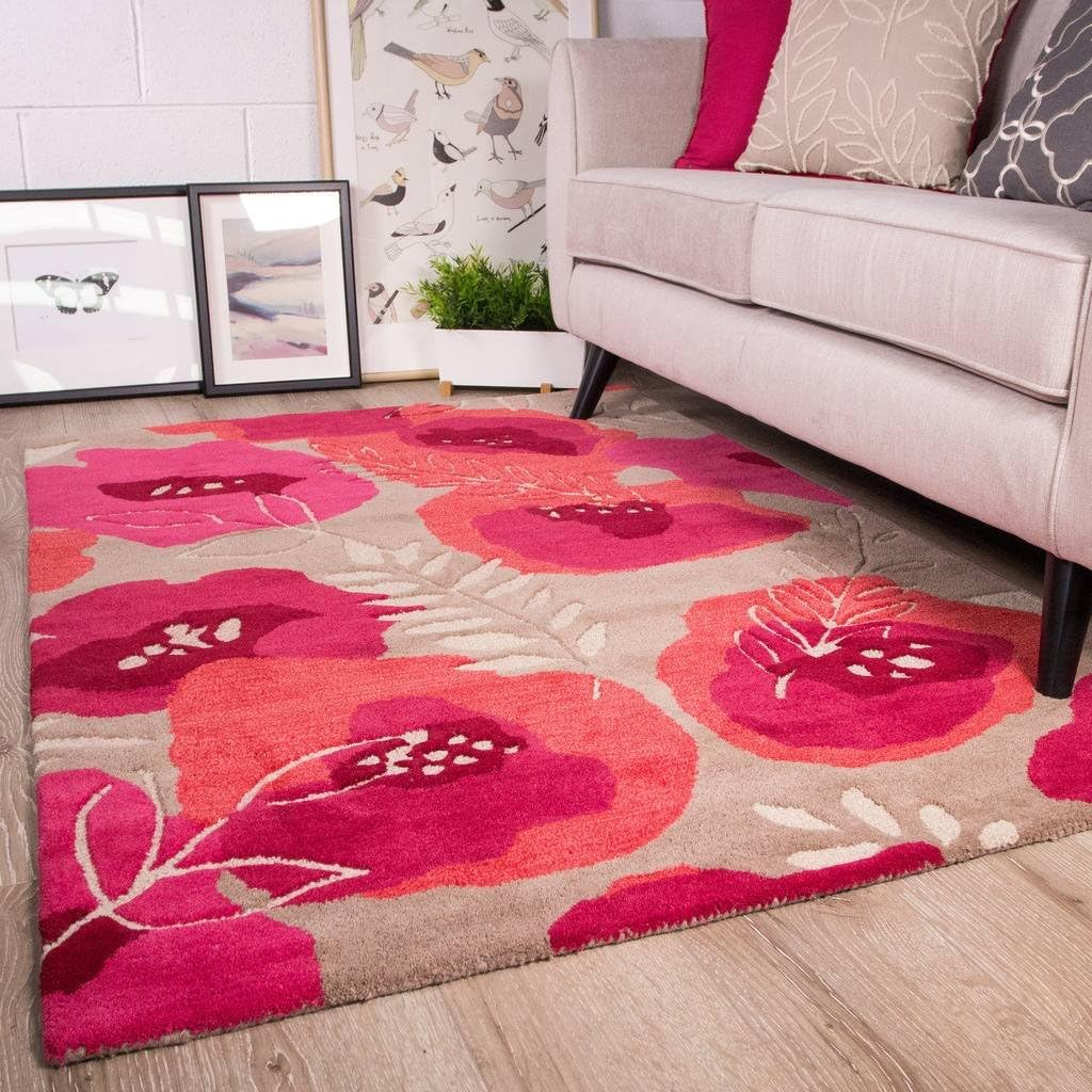Raspberry Pink Floral Design Pattern Living Room 100 Wool Woollen Rug