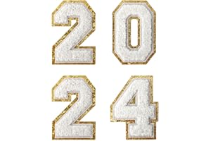 GUYI GYGYL 4PCS 2024 Chenille Glitters Numbers Patch, Iron on Large Size Number Patches for Christmas New Year Decor Supplies, Height 3.1" (2024 White)