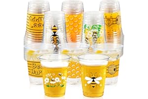 CUPLOOV 50 Pcs Honey Bee Party Decoration Cups, 12 oz Clear Disposable Drinking Honey Cups, First Bee Day Theme Summer Party Decorations Favors for Home, Kitchen, Baby Shower