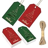 Whaline 60 Pcs Christmas Paper Gift Tags Red Green Xmas Tree Hanging Name Tags with Hemp Rope 2 Designs Label Tag for Xmas Winter Party Favor Decoration Supplies