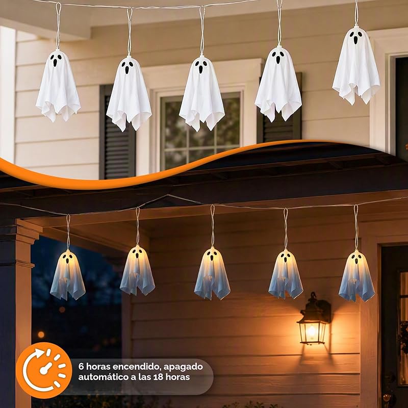 Fantasmas Decoracion Halloween, 2.75M LED Luces de Cadena Fantasma Colgante Halloween Exterior de 8 Modos, Batería y Temporizar, Luz de Hallowen Deko para Interior, Fiesta — foto 5 de 8
