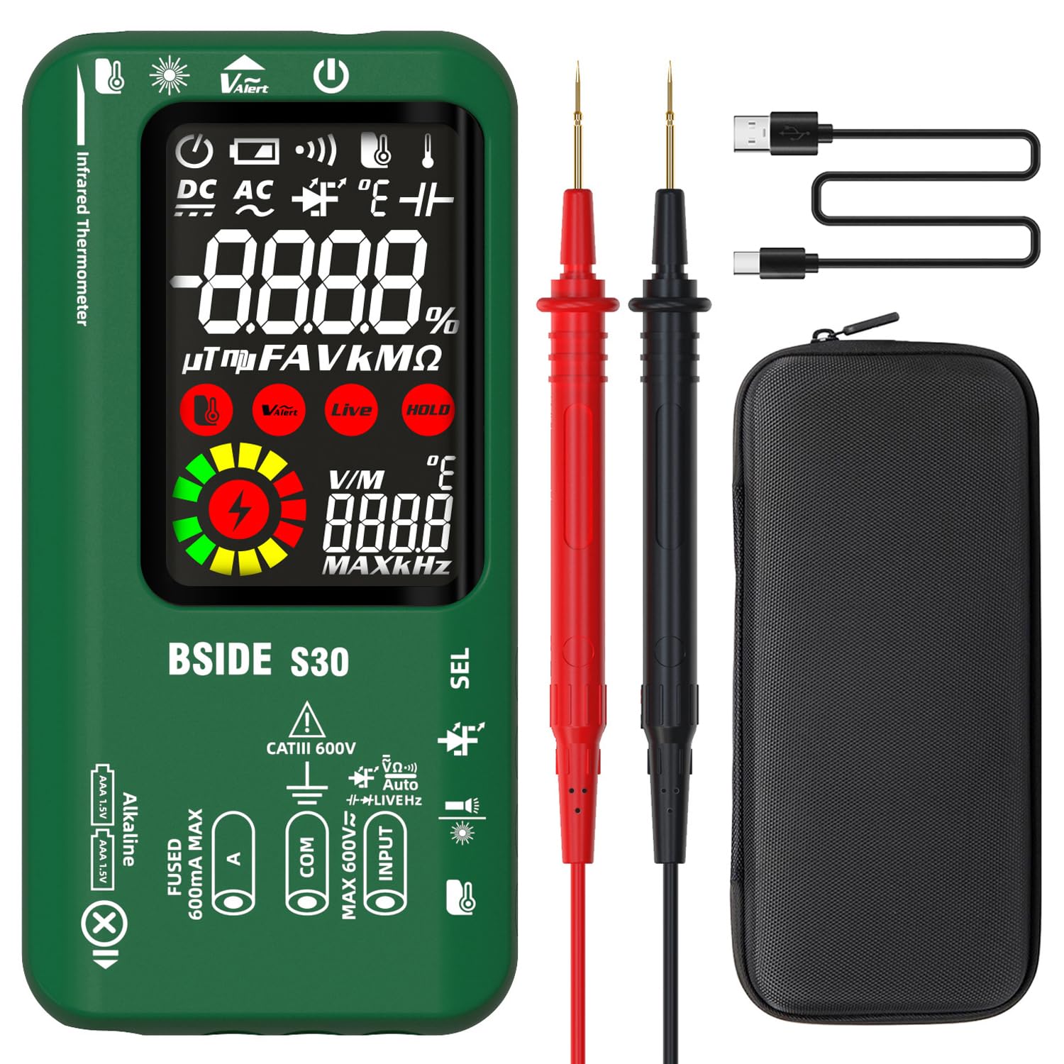BSIDE Digital Multimeter Electric Tester with Infrared Thermometer 9999 Counts Colour LCD High Voltage Diode LED Tester AC DC Electrical Current Tester Capacitance Ohm Voltage Tester Rechargeable — image 1