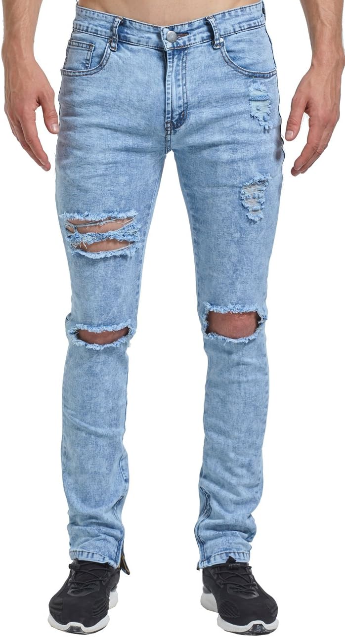 Mrpick Men's Side Ankle Zipper Skinny Ripped Stretch Destroyed Jeans