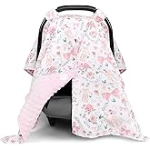 Baby Car Seat Cover, Soft Minky Warm Winter Car Seat Canopy for Infants & Toddlers, Opening with Adjustable Strap, Breathable Nursing Cover & Stroller Blanket, Pink Flowers (Fits Most Car Seats)