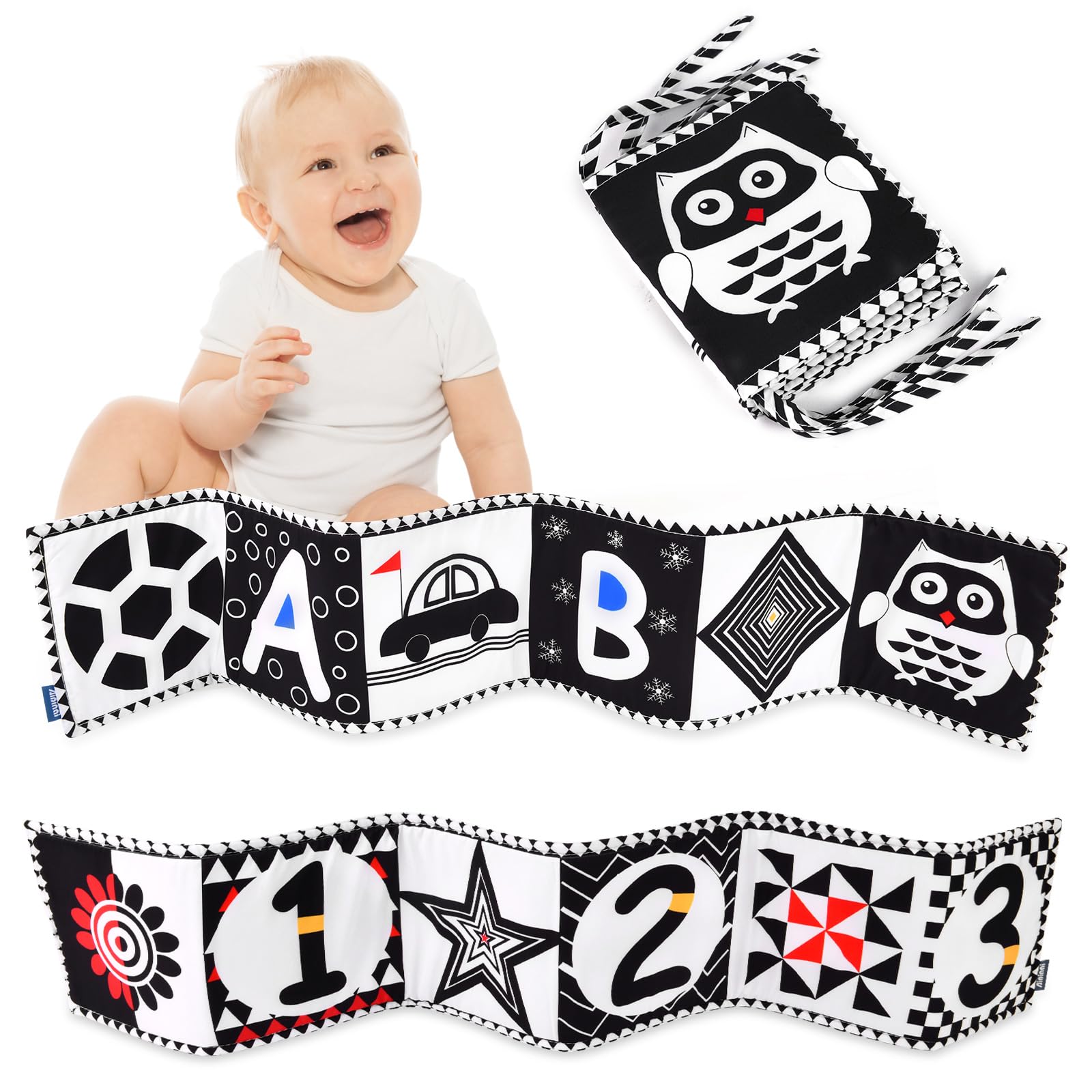 Vicloon Baby Cloth Book, Baby Soft Books, Black and White High Contrast Soft Cloth Book, Foldable Soft Fabric Quiet Book, Touch and Feel Crinkle Cloth Books for Babies First Book