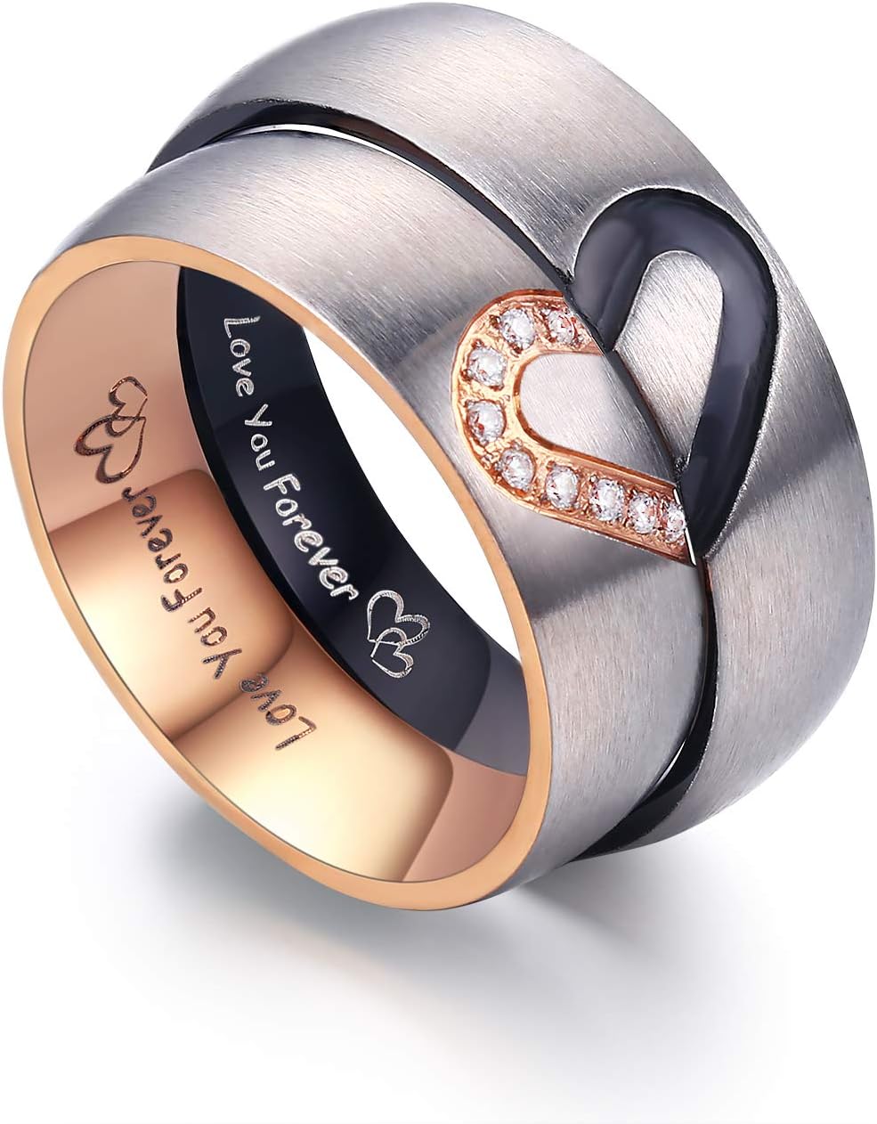 Matching Promise Rings for Couples Love You Forever Wedding Bands Sets for Him and Her Half Heart Rings Stainless Steel 6mm with Box Comfort Fit