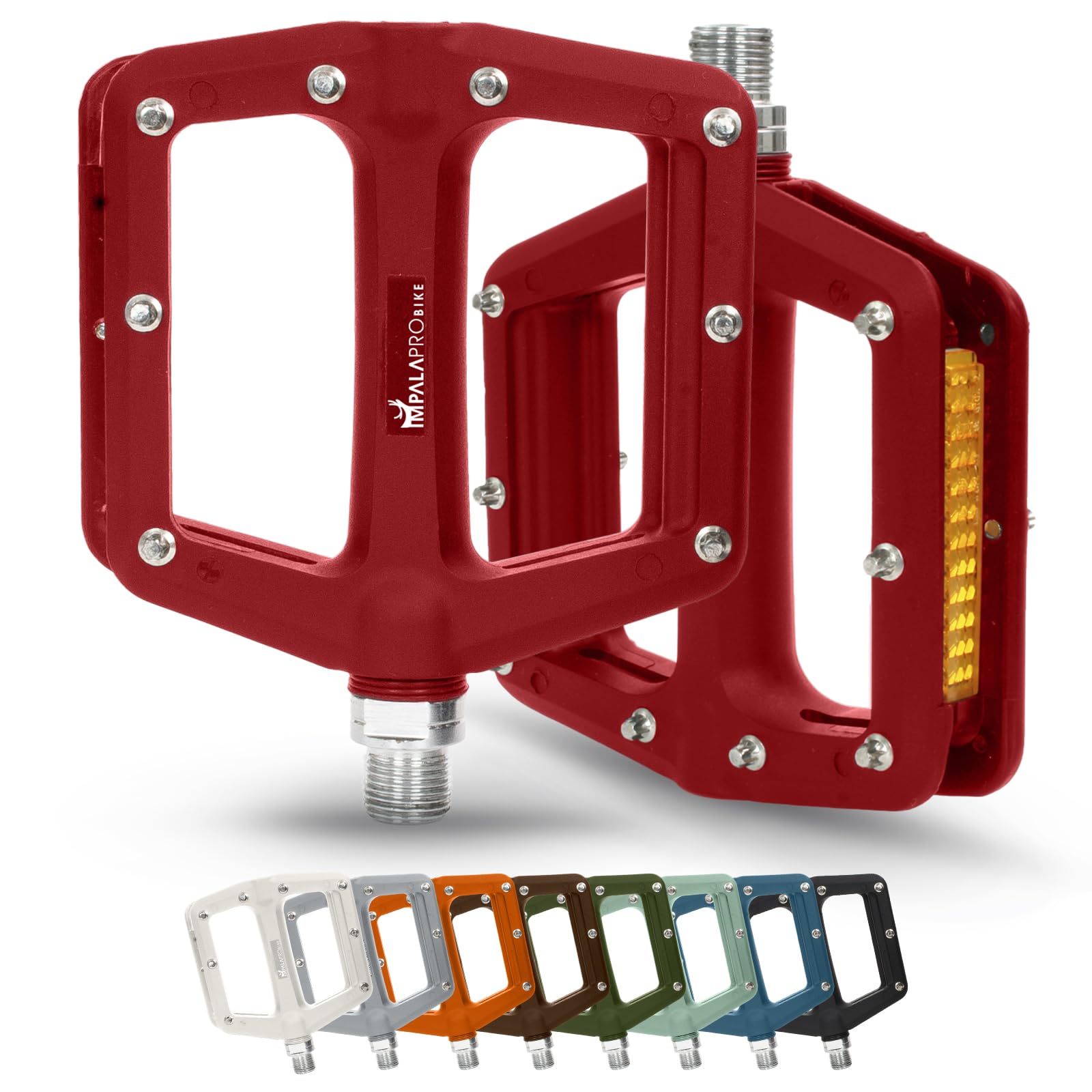 IMPALAPRO - Bike Pedals with Reflective in Nylon Fiber - Flat Bike Pedal with Selaed Bearing 9/16" - Mountain Bike - BMX - Road Bike - MTB Flat with Reflectors (Red)