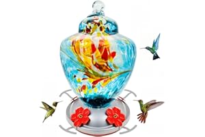 Hummingbird Feeder with Perch - Hand Blown Glass - 38 Fluid Ounces Blue Hummingbird Nectar Capacity Including Hanging Wires a