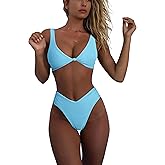 geluboao Bikini Set for Women Solid V Neck Knot Front Push Up High Leg Thong Two Piece Swimsuit