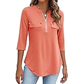 Halife Women's 3/4 Length Sleeve V Neck Flowy Tunic Blouses Work Tops Shirts with Zippers