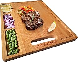 HHXRISE Large Organic Bamboo Cutting Board For Kitchen, With 3 Built-In Compartments And Juice Grooves, Heavy Duty Chopping B