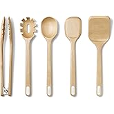 Caraway Wooden Utensil Set - 5 Piece Cooking Utensil Set - Spoon, Server, Scraper, Spatula, & Tongs - Made From FSC-Certified Birch Wood - No Microplastics