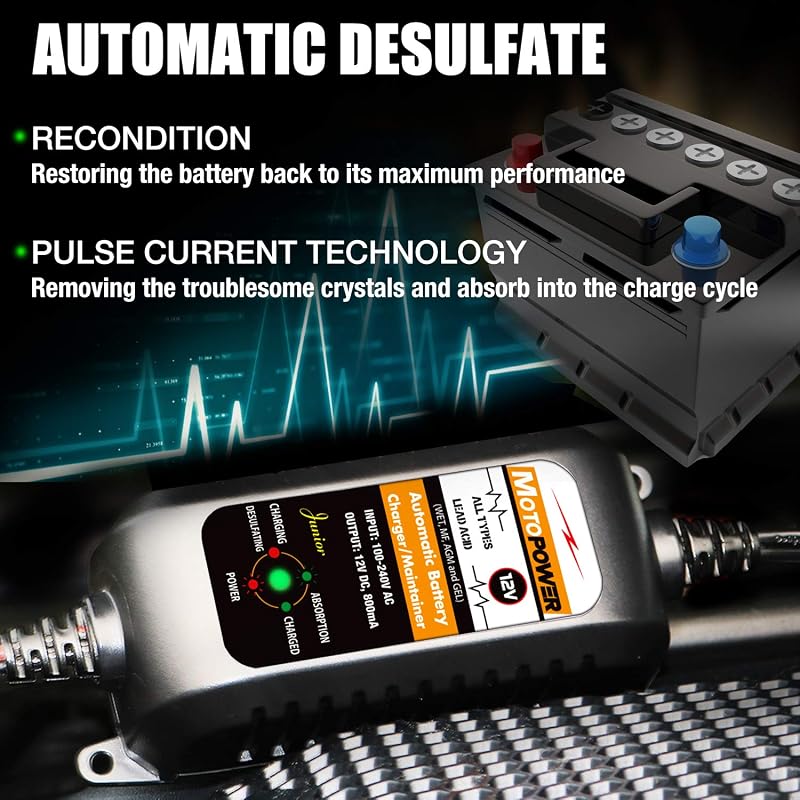 MP00205A 12V 800mA completamente automatico caricabatterie/manutentore per auto, moto, ATV, camper, Powersports, barca e altro ancora. Intelligente, compatto ed ecologico