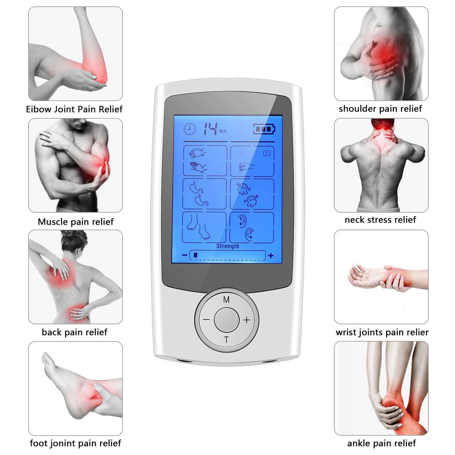 Électrostimulateur Tens Rechargeable Antidouleur Stimulateur Musculaire, Tens EMS Soulagement des Douleurs avec 16 Modes, 8 Électrodes et 20 Niveaux d’Intensité pour Massage Tension Musculaire