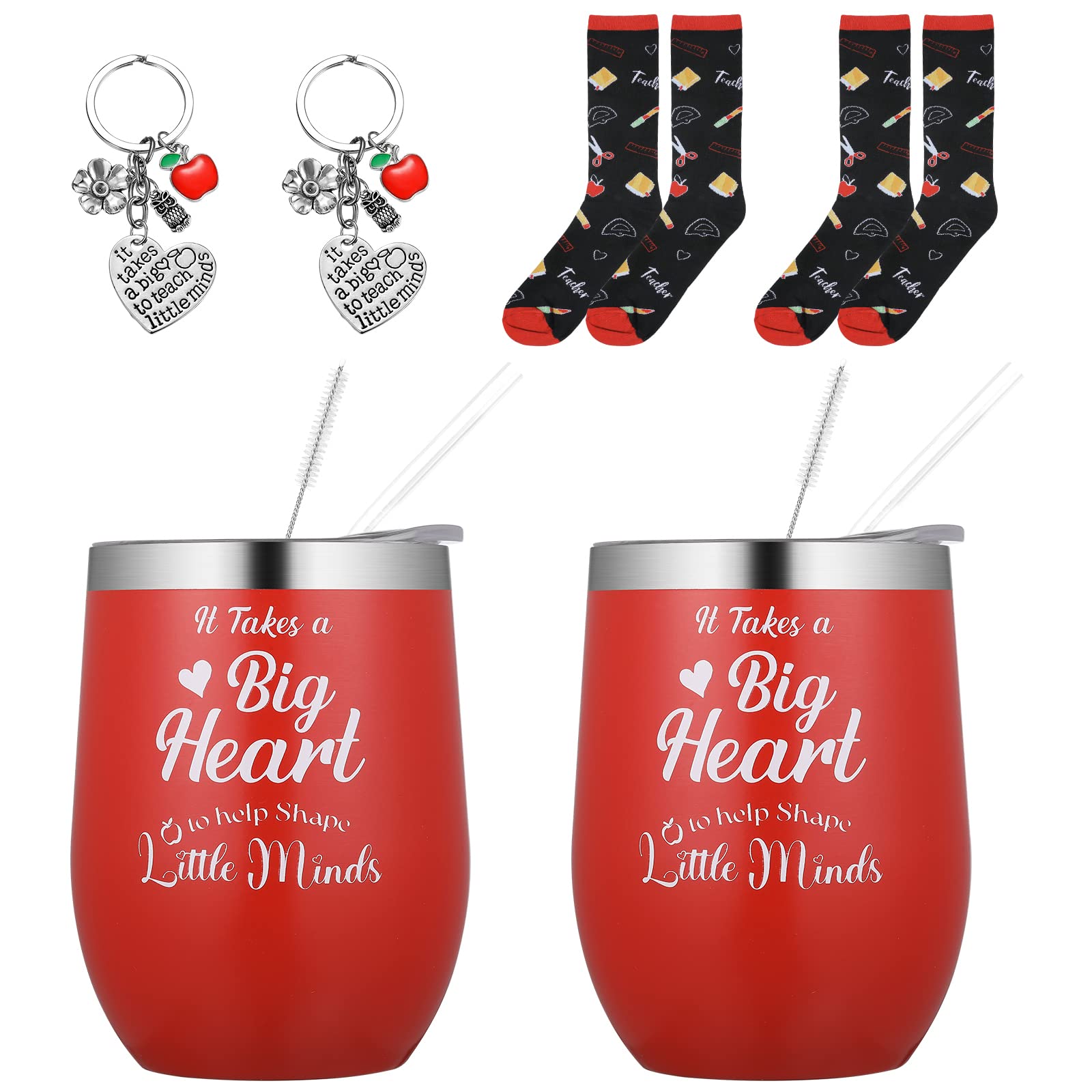 Photo 1 of 2 Sets Teacher Gift Cups for Women Red Tumbler Daycare Teacher Mug Tumbler Keychain Socks for Women End of the Year Student Employee Appreciation Gift, It Takes a Big Heart to Help Shape Minds