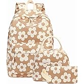 Bluboon Teens Backpack Set Girls School Backpack Lunch Box Pencil Bags Student Bookbags 3 in 1 (Beige Large Flower 157 Brown)