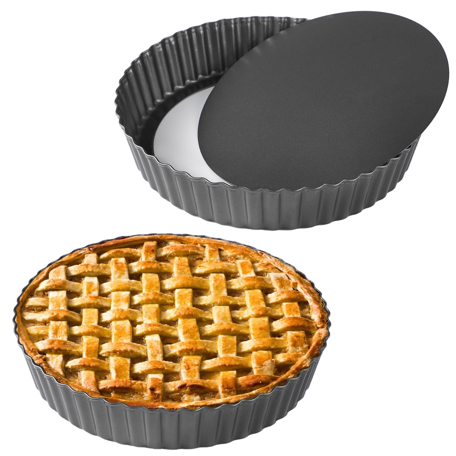 CACAZI Pie Dish 2 Packs Deep Pie Tins 11’’, Non-Stick Tart Pans with Removable Bottom, Carbon Steel Fluted Round Tart Quiche Pie Pans Baking Dish Accessories（27cm）