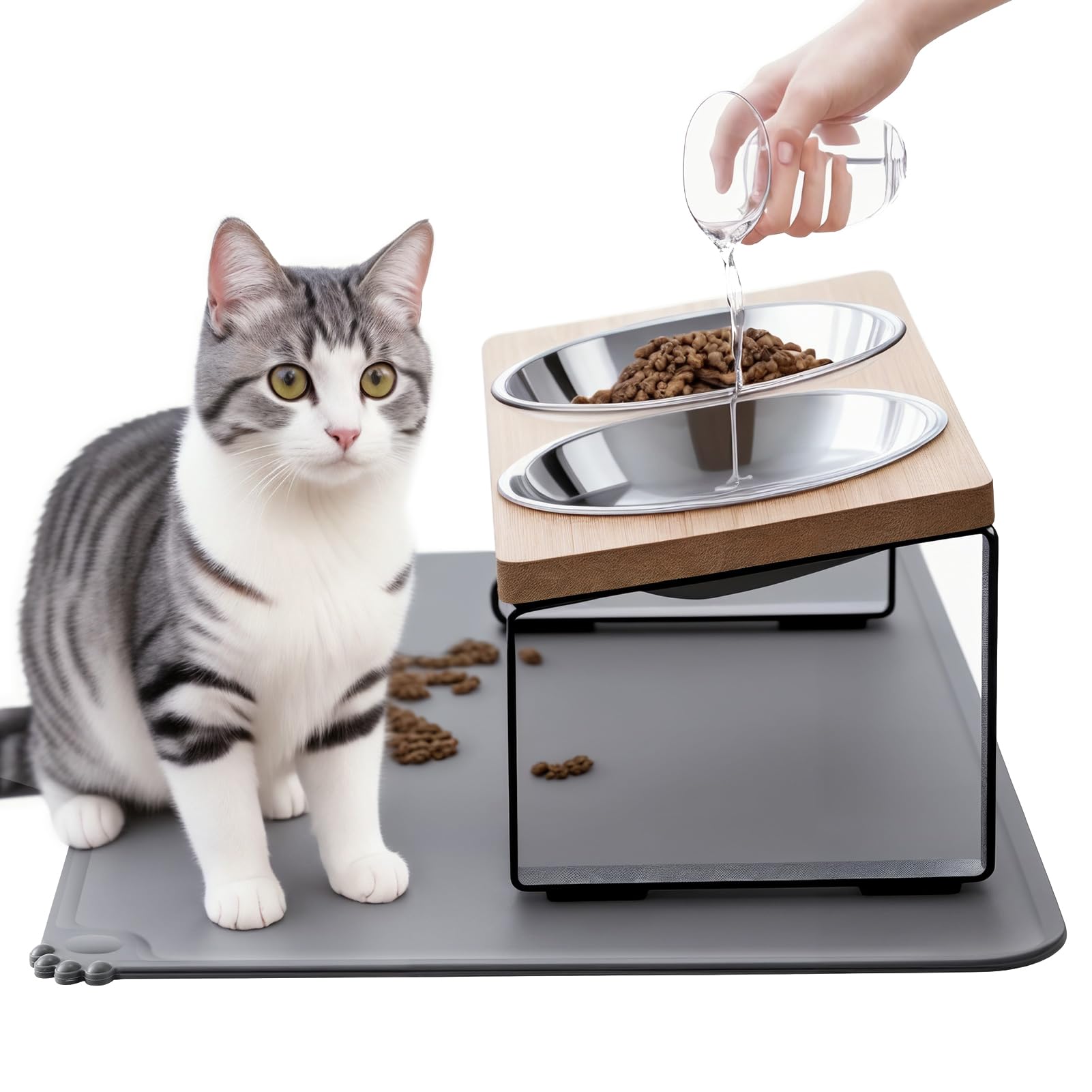 Photo 1 of Upgraded Elevated Cat Bowls with Food Mat,15°Tilted Stand Anti Vomiting Raised Cat Dishes for Food and Water,1 Stainless Steel Bowls for Cats and Puppy