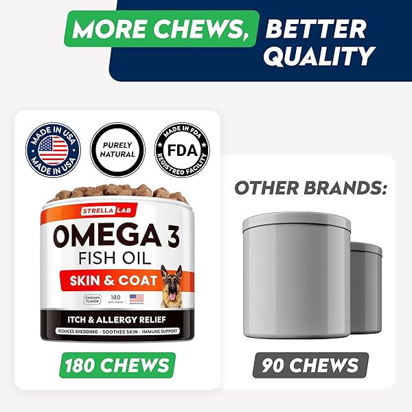 STRELLALAB OMEGA 3 FOR DOGS – (180CT) FISH OIL TREATS – ALLERGY & ITCH RELIEF SKIN & COAT SUPPLEMENT – DRY ITCHY SKIN, ANTI SHEDDING & HOT SPOTS TREATMENT – PET SALMON OIL CHEWS – CHICKEN FLAVOR