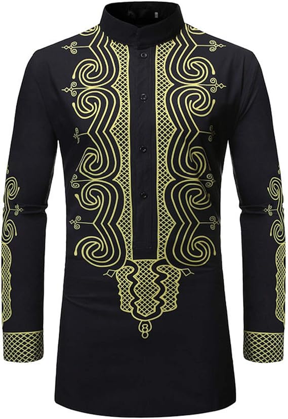 Black African Dashiki Robe Print Mandarin Collar Dress Shirt Men