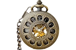 VIGOROSO Vintage Hand Wind Up Pocket Watches for Men, Mechanical Pocket Watch with Chain, Mens Skeleton Pocketwatch