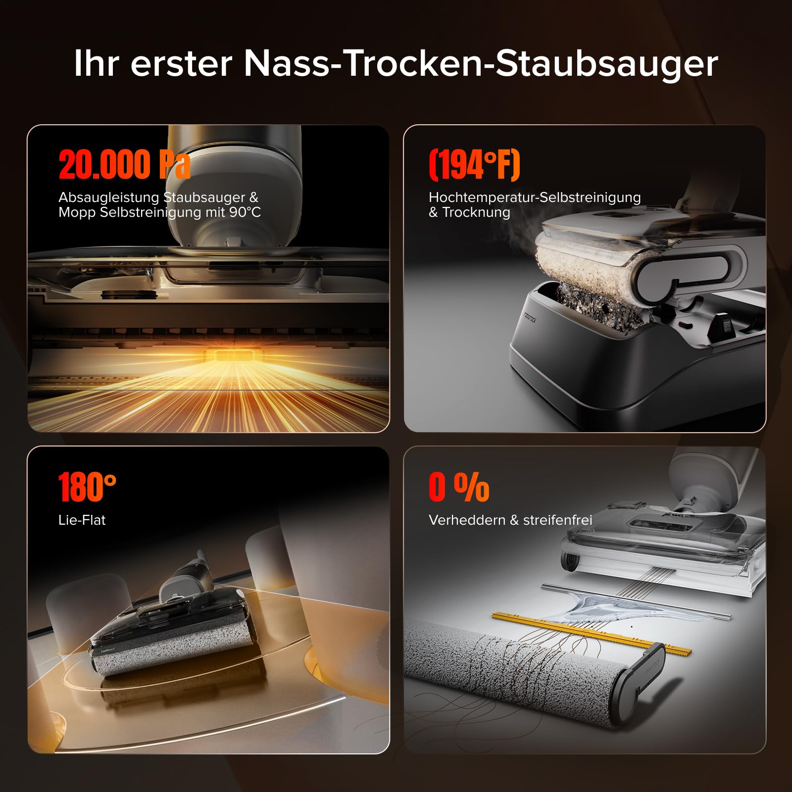 roborock F25 GT Nass Trockensauger, 180° Lay-Flat Saugwischer, 90°C Hochtemperatur Selbstreinigung, 20.000 Pa Akku Staubsauger mit Wischfunktion, Wischsauger Kabellos Anti-Tangle für HarteBoden 2