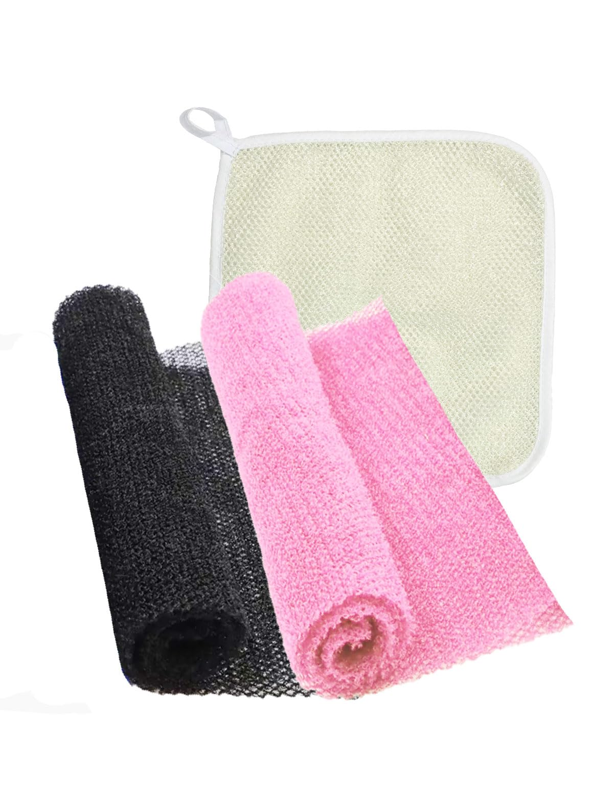TENQUAN 2 Pcs African Net Sponge with 1 Pcs African Wash Net Cloth Exfoliating Bath Sponges for Adults Men Women Daily Shower Body Scrub Back Scrubber Face Cleaning (Pink Black White)