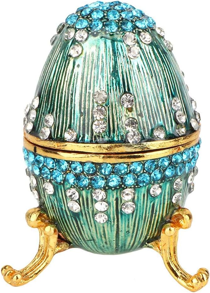 Wal front Easter Egg Jewelry Organizer Vintage Faberge European Style Egg Enameled Diamante Trinket Box Decoration Gift (Blue)