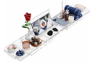 Yieach Luxury Clear Bathtub Shelf Across Tub,Expandable Plastic Bathtub Tray Over The Tub Bath Caddy,Free Standing Bath Table Board & Accessories for Women Relaxing with Reading Book and Ipad Holder