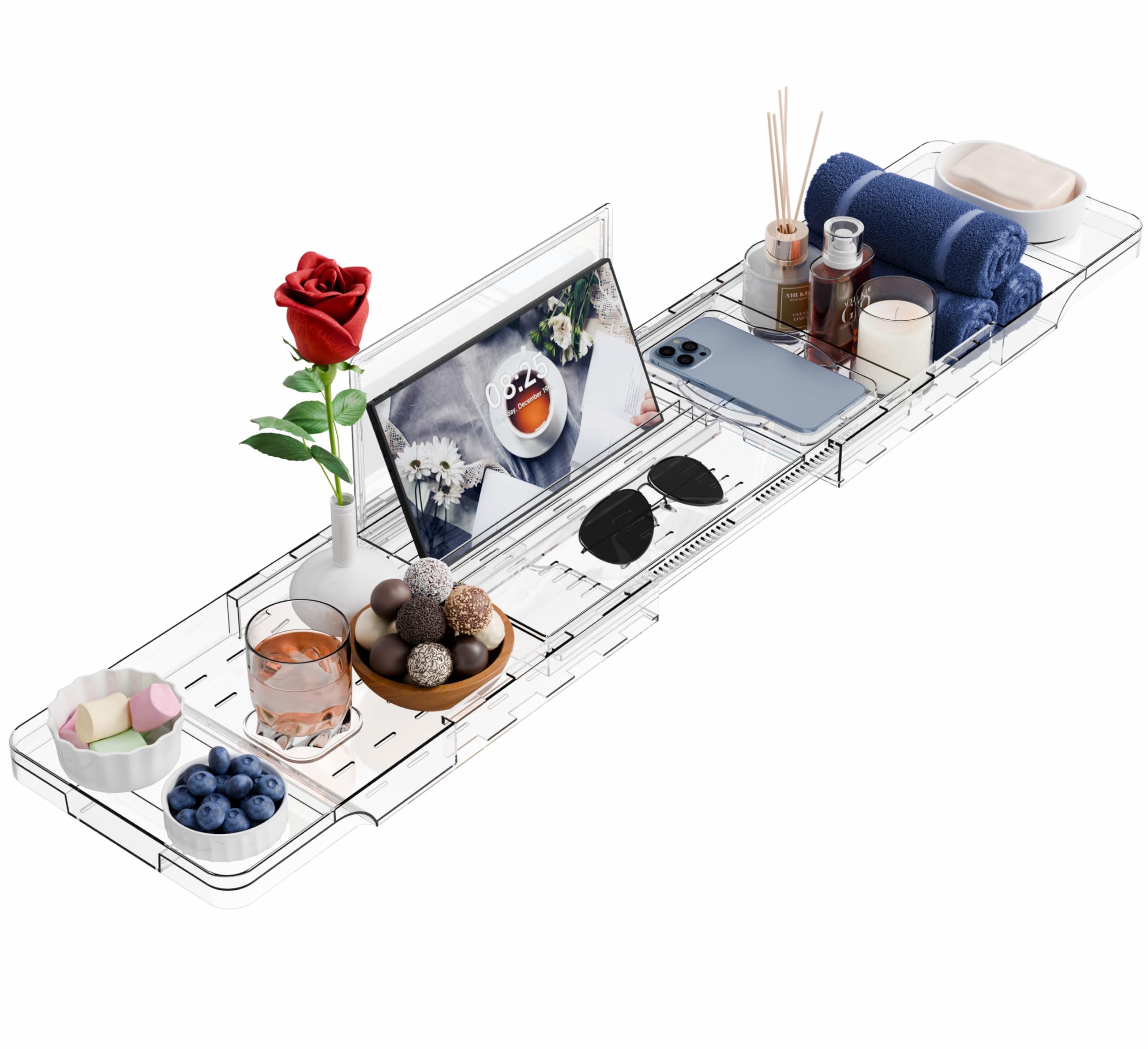 Photo 1 of Yieach Luxury Clear Bathtub Shelf Across Tub,Expandable Plastic Bathtub Tray Over The Tub Bath Caddy,Free Standing Bath Table Board & Accessories for Women Relaxing with Reading Book and Ipad Holder