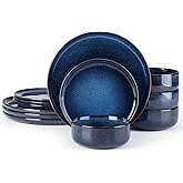 E-far Dinnerware Sets for 4, 12-Piece Stoneware Plates and Bowls Set, Ceramic Dishes Reactive Glaze Dinning Ware, Microwave & Dishwasher Safe - Deep Sea Blue